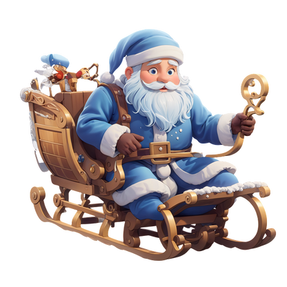 A cheerful Santa Claus in a blue outfit sits in a wooden sleigh, ready for holiday adventures with his helper.DTF Transfersdtf regular iron