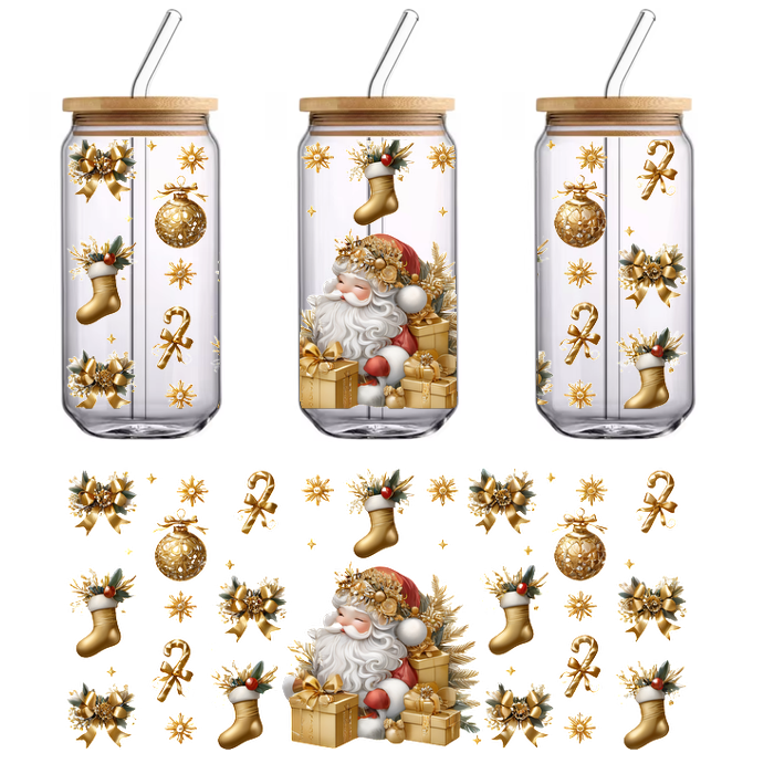 A festive illustration featuring Santa surrounded by gold-themed Christmas decorations, including gifts, stockings, ornaments, and holiday greenery.UV Transfers dtf transfers