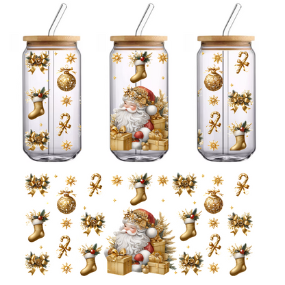 A festive illustration featuring Santa surrounded by gold-themed Christmas decorations, including gifts, stockings, ornaments, and holiday greenery.UV Transfers dtf transfers