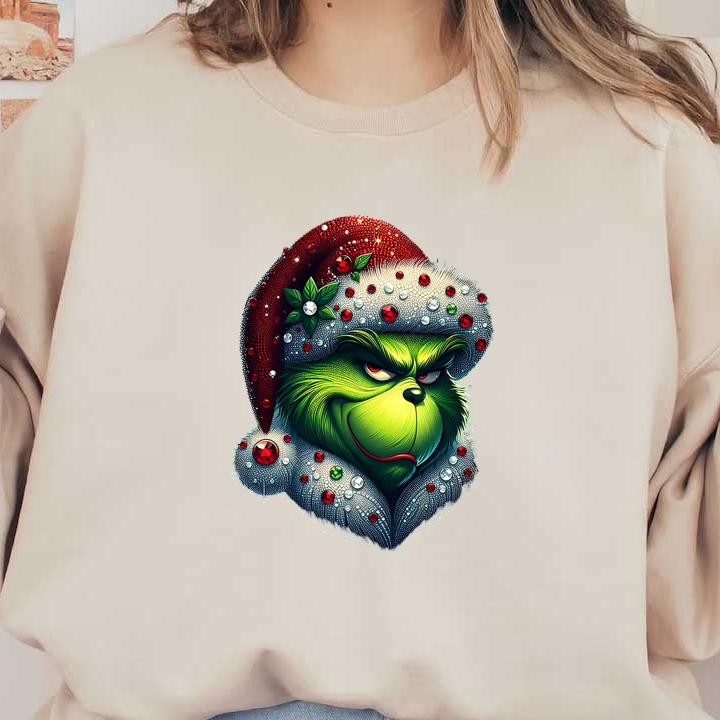 A vibrant illustration of the Grinch wearing a festive Santa hat adorned with decorative jewels and greenery, capturing a mischievous expression.DTF Transfersdtf regular iron