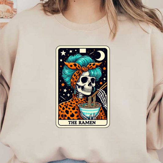 A vibrant illustration featuring a stylish skeleton with teal hair and a leopard print outfit, enjoying a bowl of ramen. dtf prints