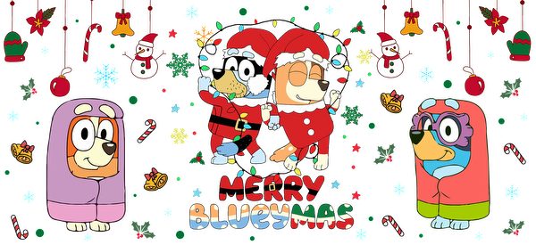 Celebrate the festive spirit with animated dog characters dressed in Christmas attire, surrounded by colorful decorations and a cheerful message!UV Transfersdtf regular iron