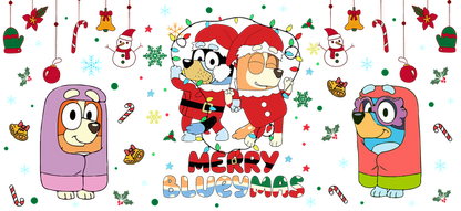 Celebrate the festive spirit with animated dog characters dressed in Christmas attire, surrounded by colorful decorations and a cheerful message!UV Transfersdtf regular iron