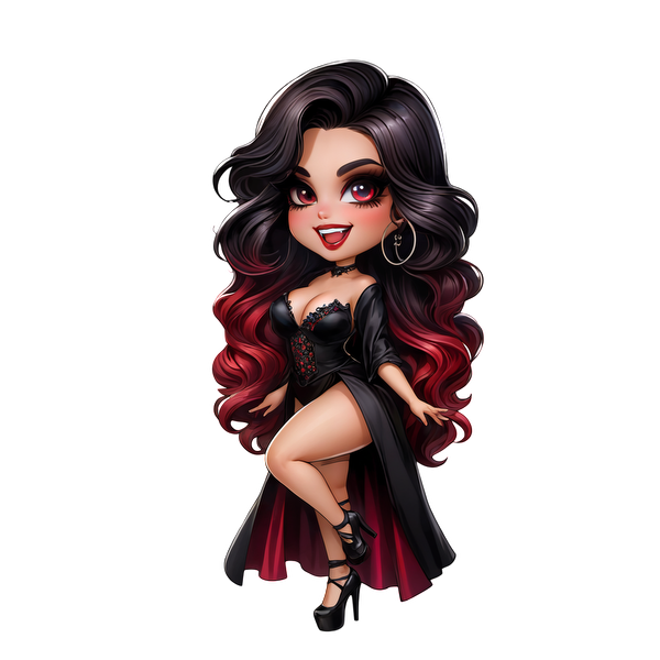 Este encantador personaje tiene cabello largo y ondulado con puntas rojas, viste un sensual vestido negro y elegantes accesorios.