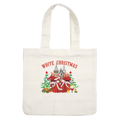 A festive design featuring three characters in red Santa outfits, surrounded by Christmas trees, gifts, and a snowman.DTF Transfers dtf transfersdtf regular iron