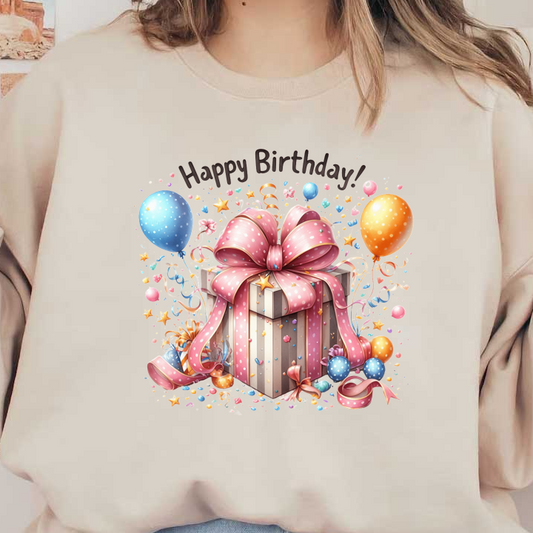 A colorful birthday gift box adorned with a large pink bow and surrounded by festive balloons and confetti, celebrating joyfully!DTF Transfers