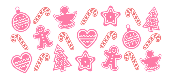 A whimsical collection of pink Christmas-themed icons featuring ornaments, gingerbread figures, stars, hearts, trees, and candy canes.UV Transfersdtf regular iron