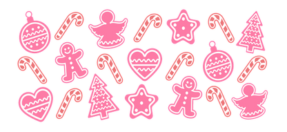 A whimsical collection of pink Christmas-themed icons featuring ornaments, gingerbread figures, stars, hearts, trees, and candy canes.UV Transfersdtf regular iron