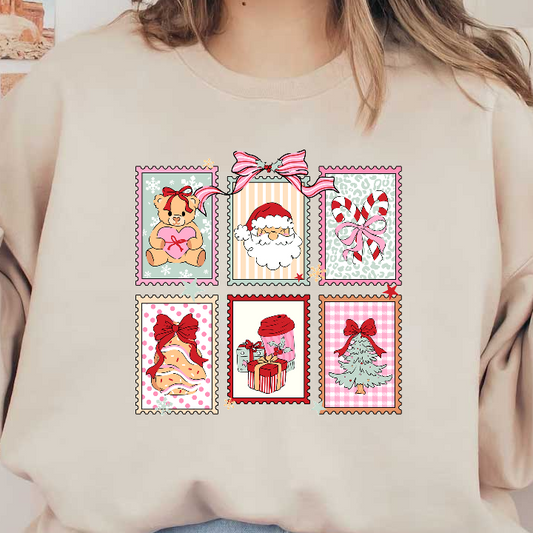A cheerful collection of six festive stamps featuring holiday symbols and characters.DTF Transfers