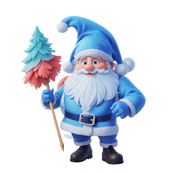 This cheerful, cartoon-style Santa is dressed in a blue outfit and holds a colorful, festive tree.DTF Transfers