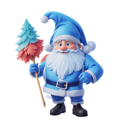 This cheerful, cartoon-style Santa is dressed in a blue outfit and holds a colorful, festive tree.DTF Transfers