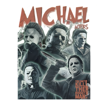 This striking artwork features multiple depictions of Michael Myers, the iconic horror character, alongside the phrase "You can't kill the Boogeyman."