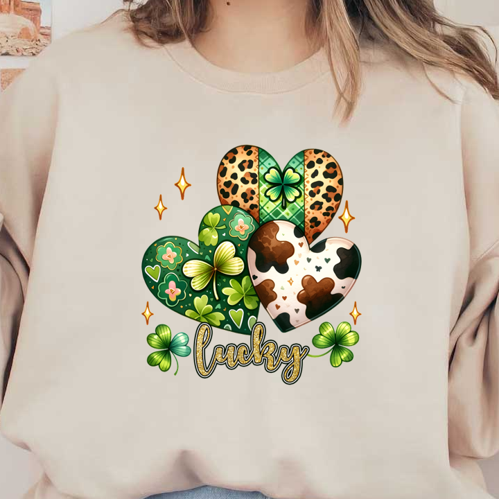 Un diseño vibrante que presenta corazones en varios patrones, incluidos tréboles y estampados de animales, con la palabra "lucky" en oro brillante.