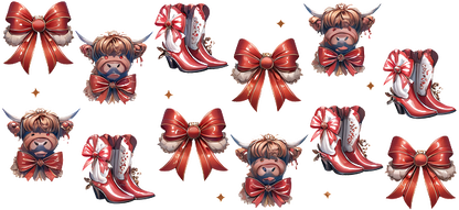 A whimsical collection featuring cute bull-themed designs, stylish red boots, and vibrant bows, perfect for festive decorations or illustrations.UV Transfers dtf prints