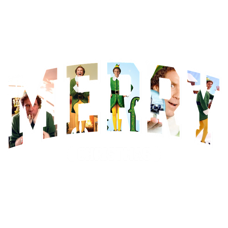 A festive "Merry Christmas" design featuring colorful images of characters in green elf costumes, perfect for holiday celebrations.DTF Transfers dtf transfers