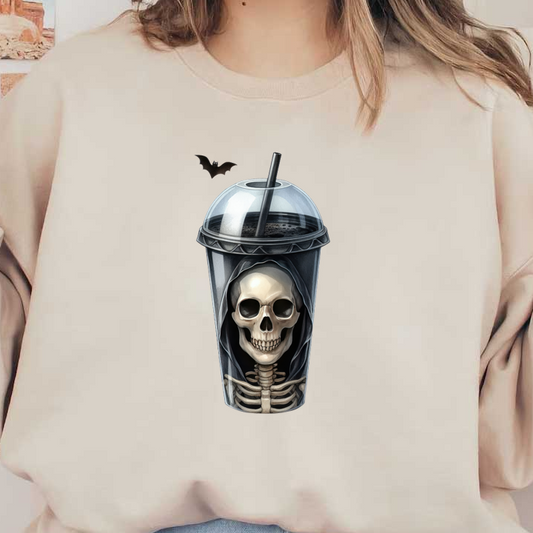 Una espeluznante taza para bebidas con temática de esqueleto que presenta una calavera sonriente y un murciélago, perfecta para las festividades de Halloween.