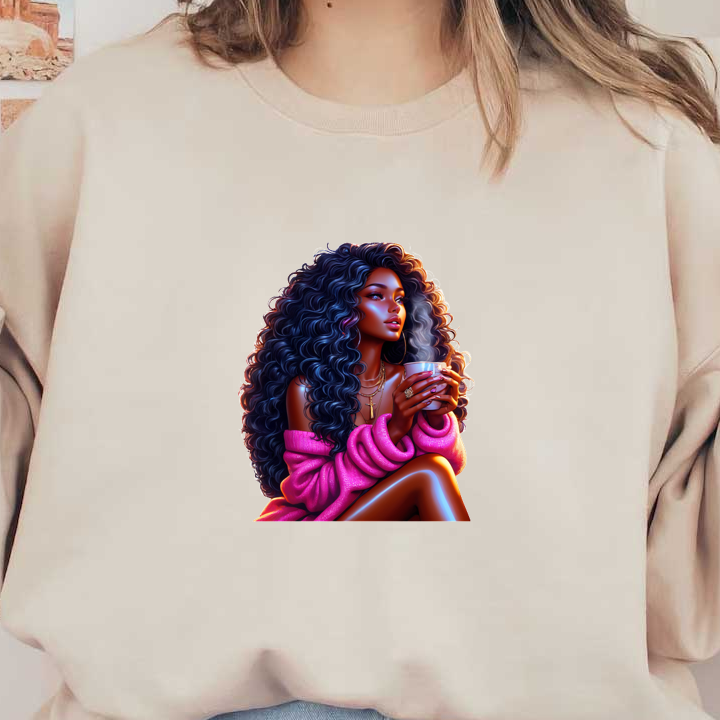 Cozy and stylish, this elegant figure enjoys a warm drink, dressed in a vibrant pink sweater with luscious curly hair.DTF Transfers heat press transfers