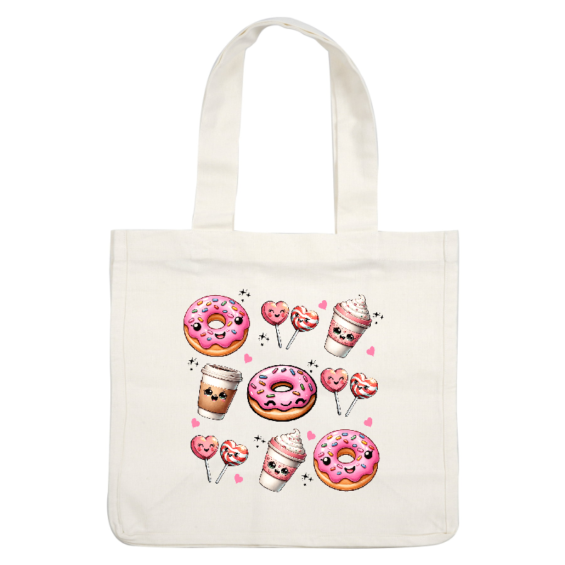 Colorful and cheerful cartoon sweets including doughnuts, heart-shaped lollipops, ice cream, and a coffee cup, all with cute faces!DTF Transfers