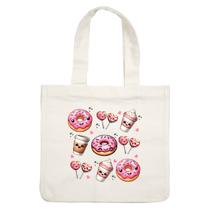 Colorful and cheerful cartoon sweets including doughnuts, heart-shaped lollipops, ice cream, and a coffee cup, all with cute faces!DTF Transfers