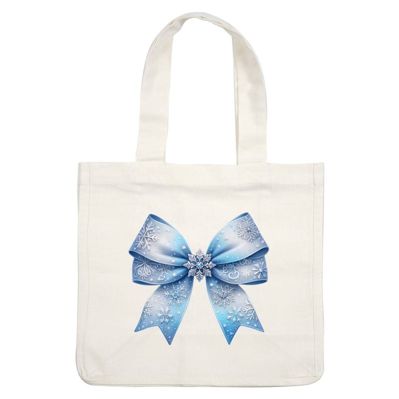 A beautiful blue bow adorned with snowflake patterns, featuring delicate detailing and a central decorative snowflake. dtf prints