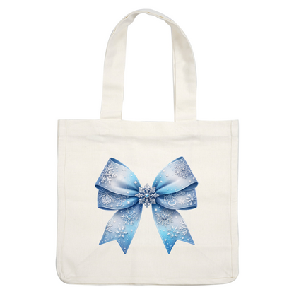 A beautiful blue bow adorned with snowflake patterns, featuring delicate detailing and a central decorative snowflake. dtf prints