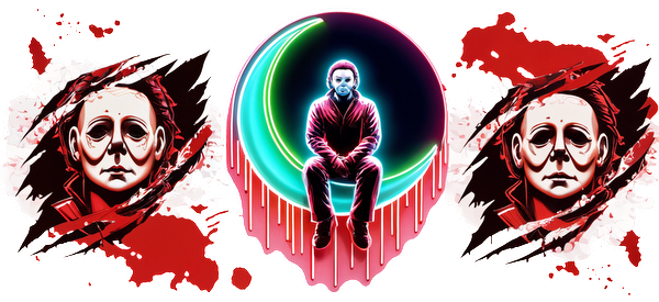 A vibrant graphic featuring the iconic horror character Michael Myers, surrounded by bold splashes of red and a neon crescent.UV Transfers dtf prints