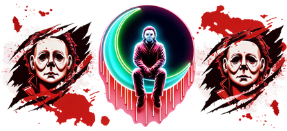 A vibrant graphic featuring the iconic horror character Michael Myers, surrounded by bold splashes of red and a neon crescent.UV Transfers dtf prints