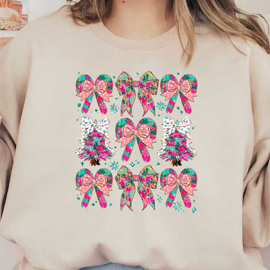 A vibrant pattern featuring colorful bows, candy canes, and whimsical Christmas trees, perfect for festive decorations or apparel.DTF Transfers dtf prints