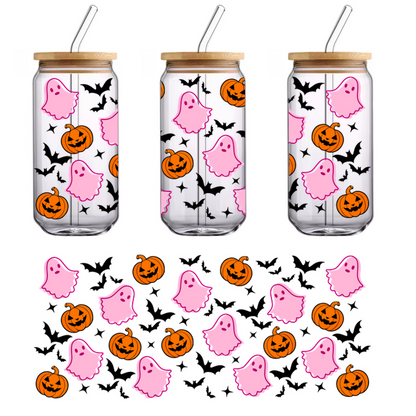 A playful Halloween pattern featuring cute pink ghosts and smiling orange pumpkins, perfect for festive decorations.UV Transfers dtf prints