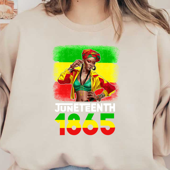 A vibrant Juneteenth celebration graphic featuring a stylish woman in a colorful outfit, highlighted by the year "1865." heat press transfers