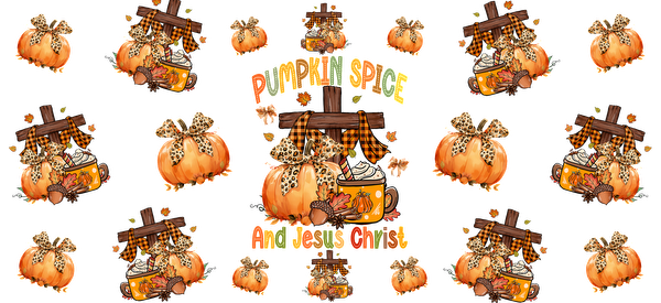 A vibrant autumn-themed design featuring pumpkins, a cozy cup of pumpkin spice, and festive accents in warm colors.UV Transfers dtf transfers