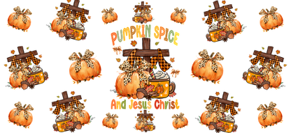 A vibrant autumn-themed design featuring pumpkins, a cozy cup of pumpkin spice, and festive accents in warm colors.UV Transfers dtf transfers