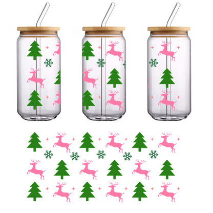 A whimsical pattern featuring playful pink reindeer, vibrant green trees, and festive decorations, perfect for holiday cheer!UV Transfers