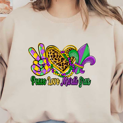 Celebrate Mardi Gras with vibrant colors and playful symbols, featuring a peace sign, heart, and festive beads!DTF Transfers