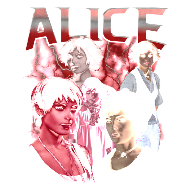 A vibrant collage featuring multiple stylized portraits, prominently displaying the name "ALICE" with a dramatic background.DTF Transfersdtf regular iron