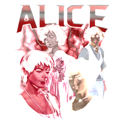 A vibrant collage featuring multiple stylized portraits, prominently displaying the name "ALICE" with a dramatic background.DTF Transfersdtf regular iron