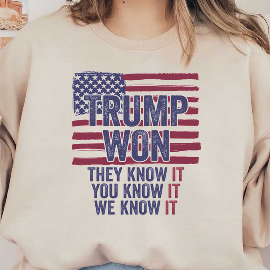 A bold graphic featuring the phrase "TRUMP WON" overlaying a stylized American flag, expressing a strong political sentiment.DTF Transfersdtf regular irondtf regular iron