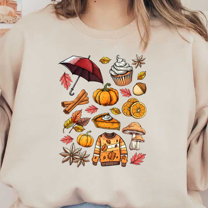 A vibrant autumn-themed collage featuring pumpkins, cozy sweaters, pie, cinnamon sticks, leaves, and festive treats, celebrating the season. dtf prints dtf transfers