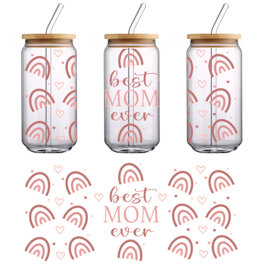 A cheerful design featuring the phrase "best MOM ever" surrounded by colorful rainbows and playful hearts, perfect for celebrating mothers.UV Transfers dtf transfers