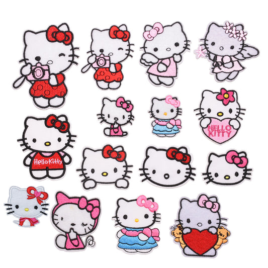 This playful set features colorful embroidered Hello Kitty patches, showcasing various adorable designs perfect for personalizing your items!Patches heat press transfers