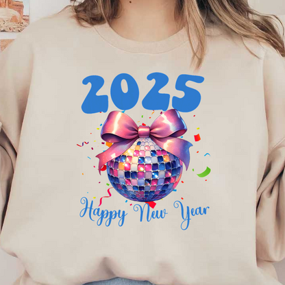 Celebrate New Year's 2025 with a colorful disco ball adorned with a pink bow, surrounded by festive confetti!DTF Transfers dtf transfers dtf prints