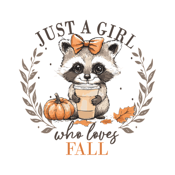 Adorable raccoon with a bow holding a drink, surrounded by autumn leaves and pumpkins, capturing the essence of fall. dtf prints