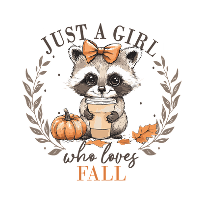 Adorable raccoon with a bow holding a drink, surrounded by autumn leaves and pumpkins, capturing the essence of fall. dtf prints