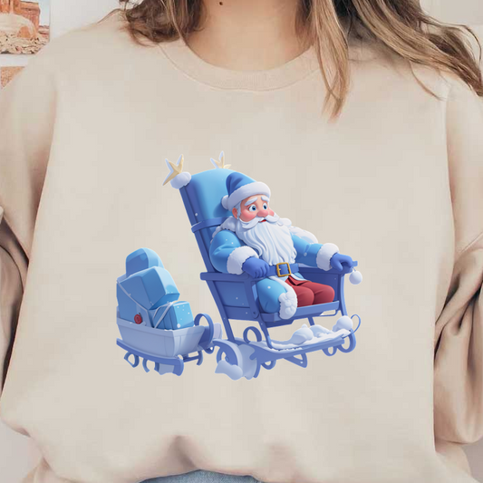 A whimsical illustration of Santa Claus sitting in a blue sleigh, surrounded by delightful gifts and snowy details.DTF Transfersdtf regular iron