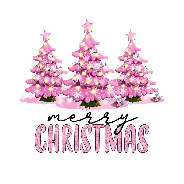 Cheerful pink Christmas trees adorned with lights and snowflakes, accompanied by festive text at the bottom, perfect for holiday celebrations!dtf regular iron