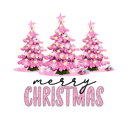 Cheerful pink Christmas trees adorned with lights and snowflakes, accompanied by festive text at the bottom, perfect for holiday celebrations!dtf regular iron