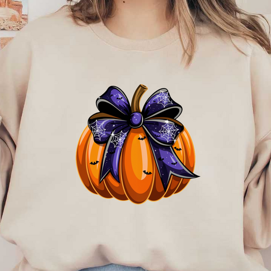 Una calabaza de color naranja vibrante decorada con un lazo morado oscuro con telarañas y murciélagos, perfecta para las festividades de Halloween.