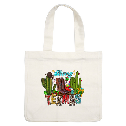 Celebrate the festive season with this colorful "Merry TEXMAS" design featuring cowboy boots, cacti, gifts, and holiday ornaments!DTF Transfers dtf transfersdtf regular iron