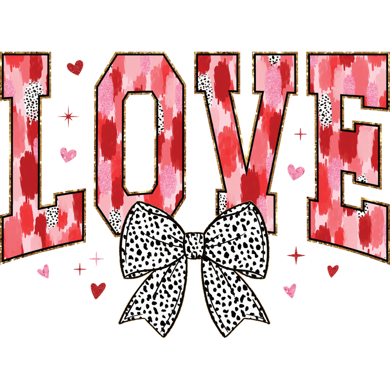 A playful "LOVE" graphic featuring vibrant red watercolor designs and a cute black-and-white polka dot bow, adorned with hearts.DTF Transfers