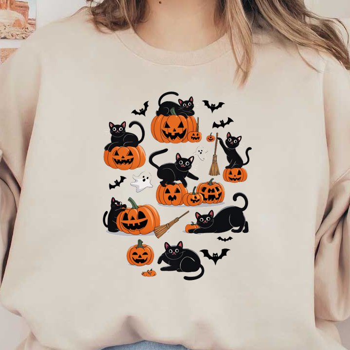 Una divertida escena de Halloween con gatos negros interactuando con calabazas talladas, fantasmas y murciélagos, ¡perfecta para la decoración festiva!